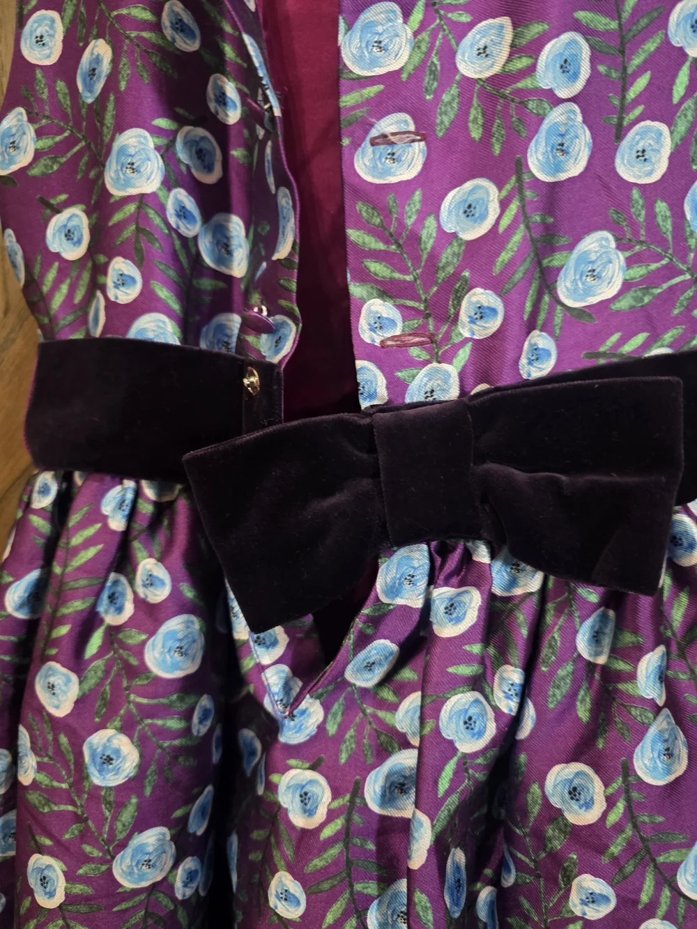 Oscar de la Renta Purple Floral Satin Party Dress with Black Velvet Waistband